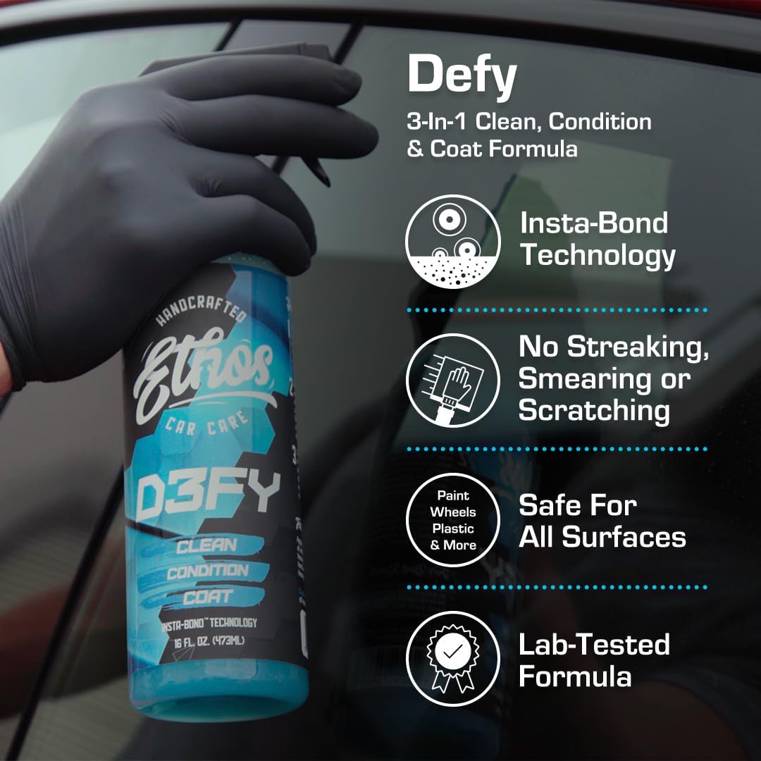 Ethos Defy - 3 in 1 Ceramic Coating - Waterless Car Wash Spray & Wax - Car Wax Rnseless Wash - Hydrophobic Top Coat - Polish & Polymer Paint Sealant Protection - with Insta-Bond Technology - 16OZ