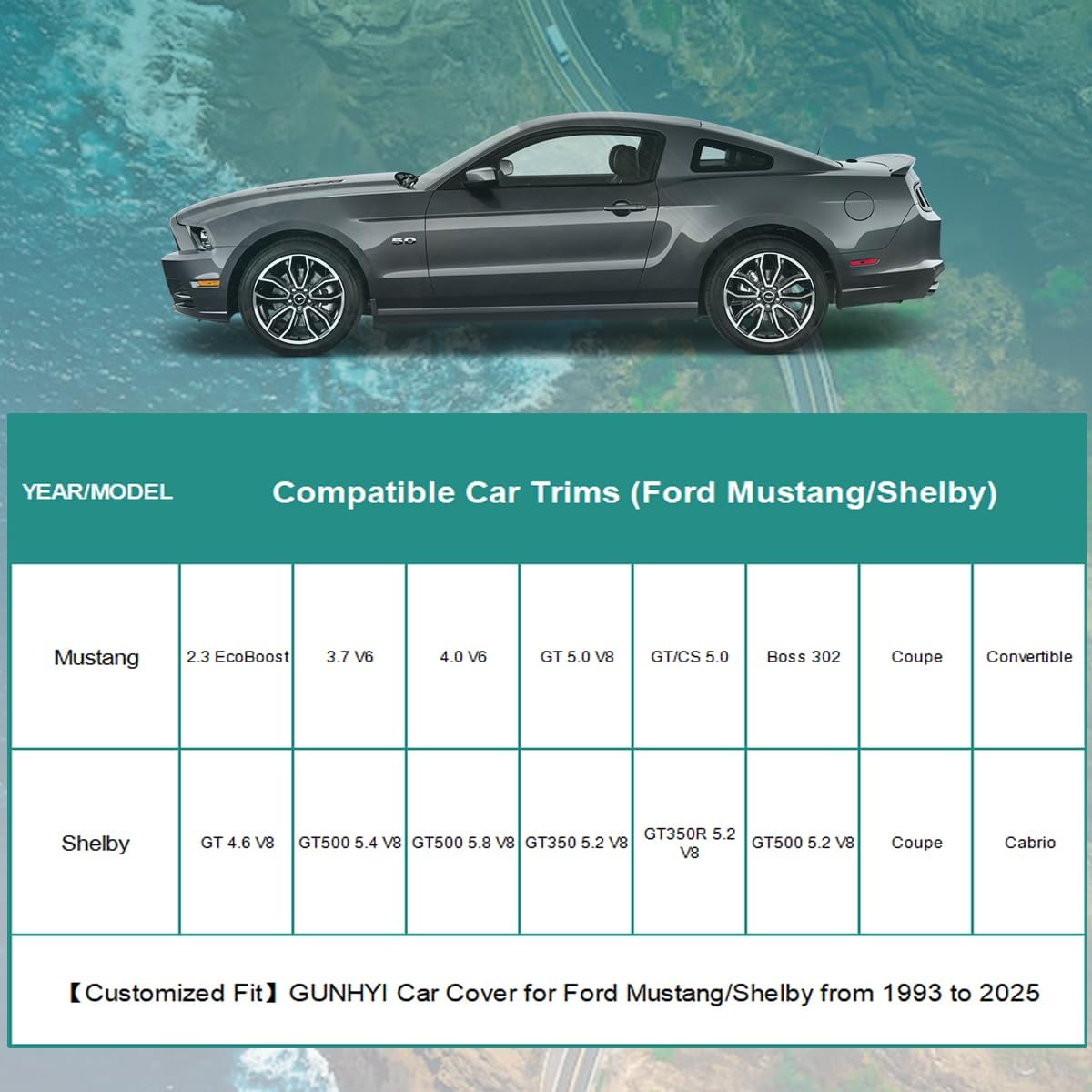 Premium Car Cover Custom Fit Ford Mustang, 16 Layers Heavy Duty Car Cover Waterproof All Weather with Zipper Door for Sun Rain Snow Dust Uv Protection