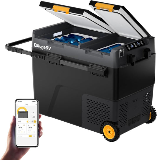 BougeRV 12 Volt Car Refrigerator, CRD2 61 Quart Portable Fridge Freezer with APP Control, -4℉ to 68℉ Dual Zone Compressor Electric Cooler 12/24V DC, 110~240V AC for Overlanding, Camping, RV, Truck