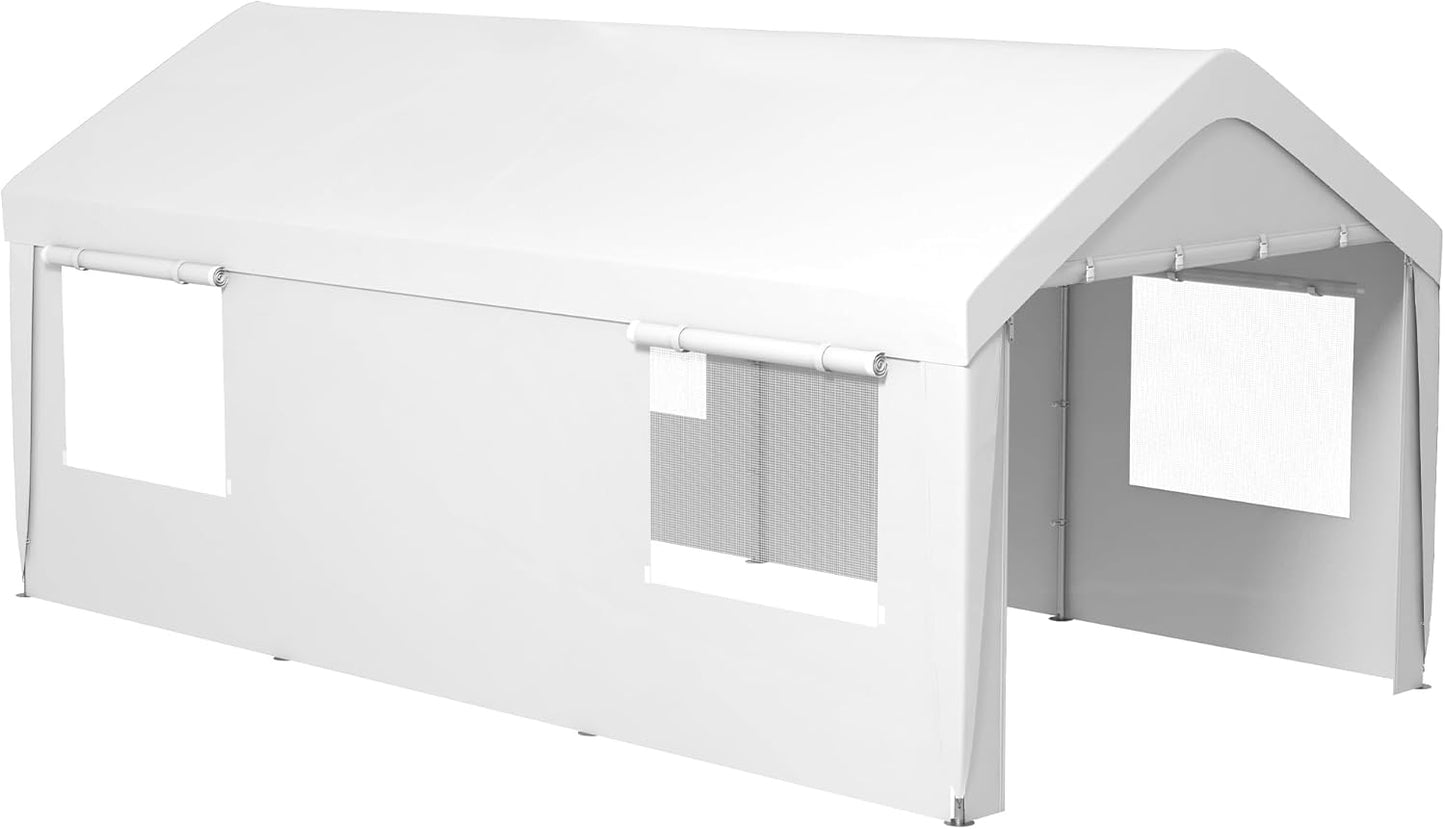 Outsunny Carport 10' x 20' Portable Garage, Heavy Duty Car Port Canopy with 2 Roll-up Doors & 4 Ventilated Windows for Car, Truck, Boat, Garden Tools, White