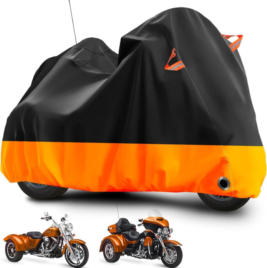 Trike Motorcycle Cover, Outdoor Waterproof Vehicle Cover with Windproof Buckle Reflective Strip for Harley Davidson, Honda Gold Wing, Kawasaki 3 Wheel Motorcycle Accessories (Black&Orange)