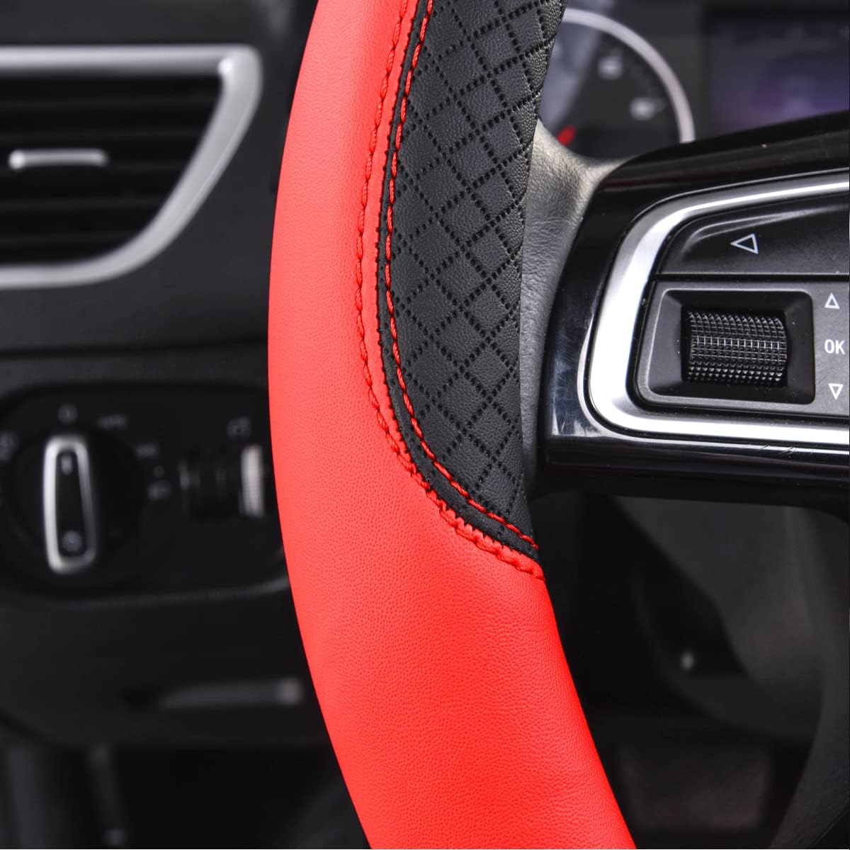 CAR PASS Rhombus Leather Universal Steering Wheel Cover, Fit for Suvs,Trucks,Cars,Sedans,Vans (Black&Red)