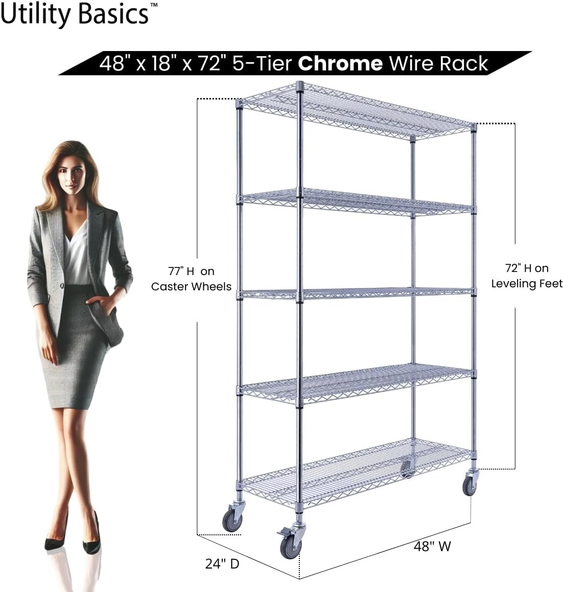 48"x18"x72" Chrome 5-Tier PREMIUM Wire Shelving NSF 4000 LBS MAX CAPACITY Heavy Duty Steel Storage Rack for Warehouses, Garages, Hospitals, Commercial Spaces, & Schools w/PREMIUM WHEELS
