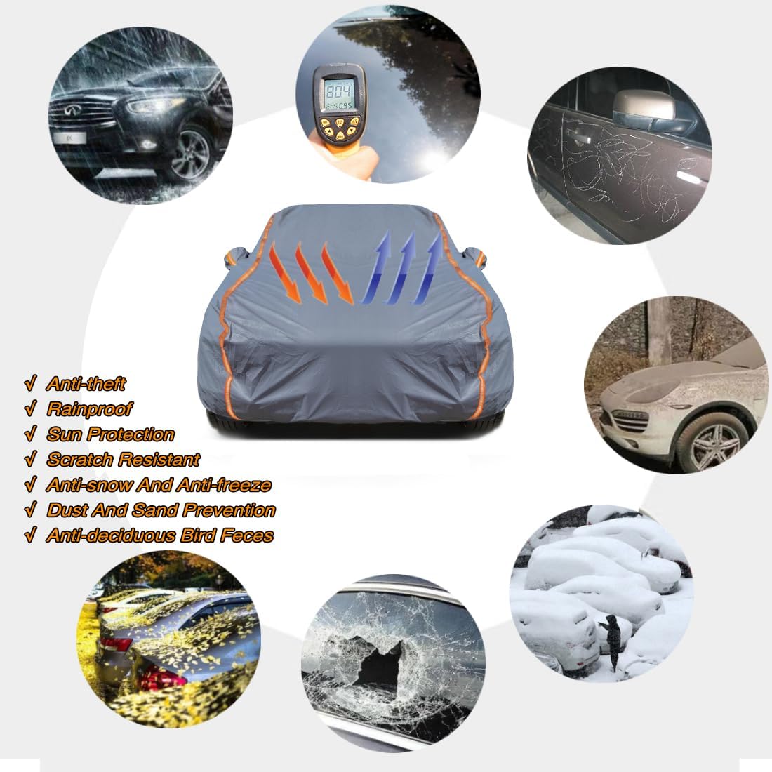 KEYOOG Universal Waterproof Heavy Weight Full Car Covers, Fit Pickup, All Weather, Outdoor Full Cover Weatherproof UV Sun Protection Snow Dust Storm Resistant with PEVA Cotton, Fit Length 213"-237"