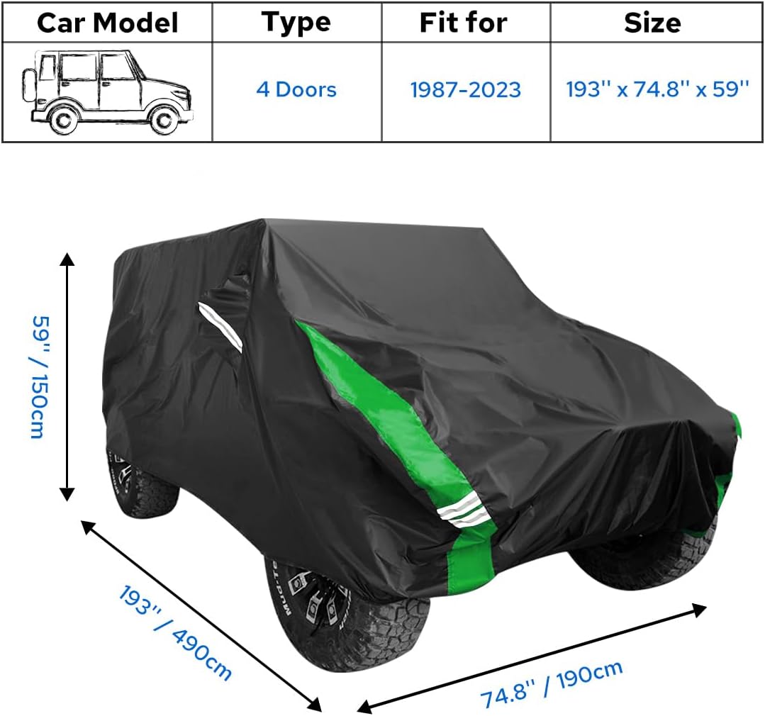 Avecrew for Jeep Wrangler Cover Waterproof 4 Door, All Weather for Jeep Rain Cover for Automobiles, Outdoor Full Exterior for Jeep Covers Fits JK JL TJ YJ CJ （Green）