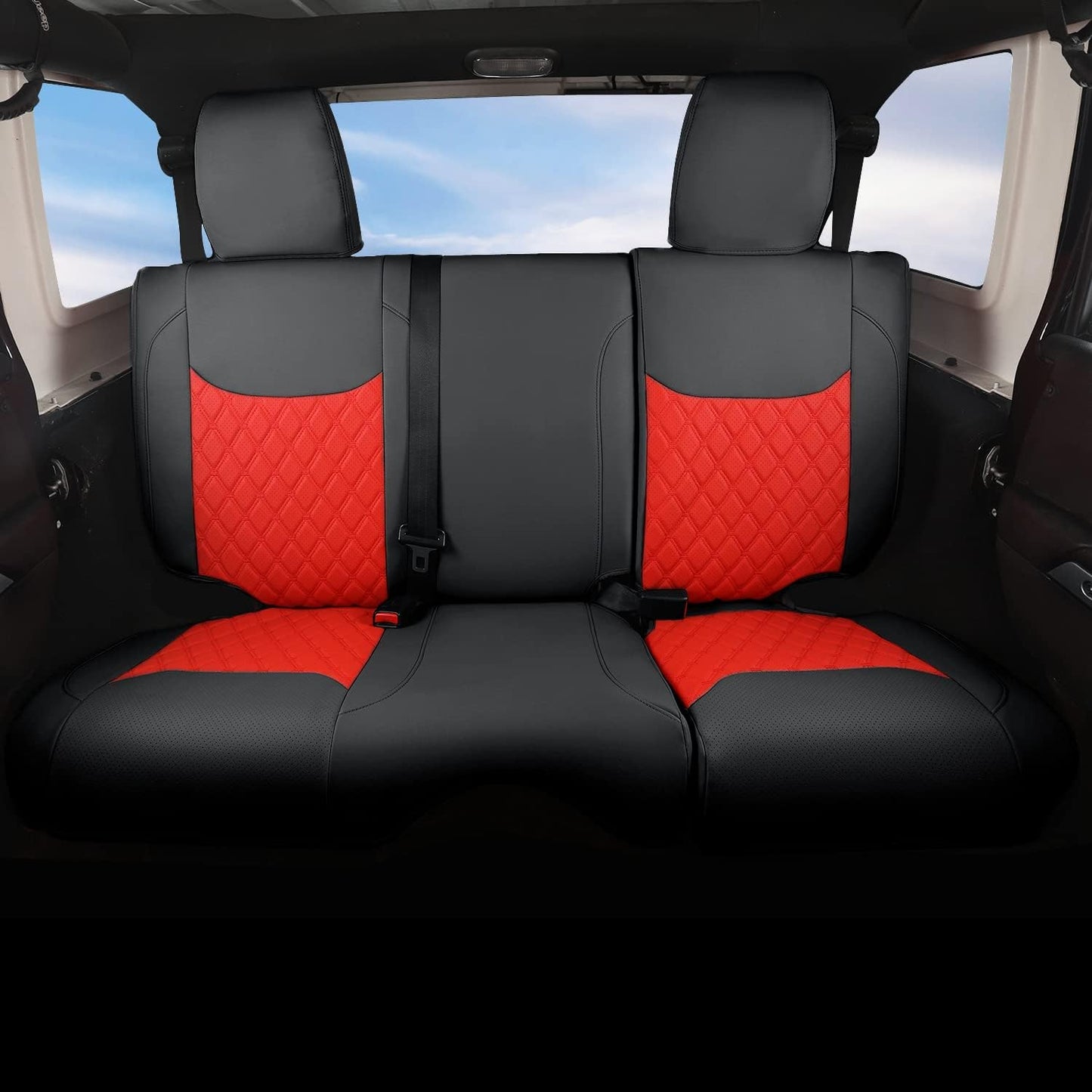 GIANT PANDA Customized Full Set Car Seat Covers for Jeep Wrangler 4 Door JK Sahara Sport Rubicon Unlimited Willys Wheeler Altitude 2013 2014 2015 2016 2017, Faux Leather - (Black+Red)