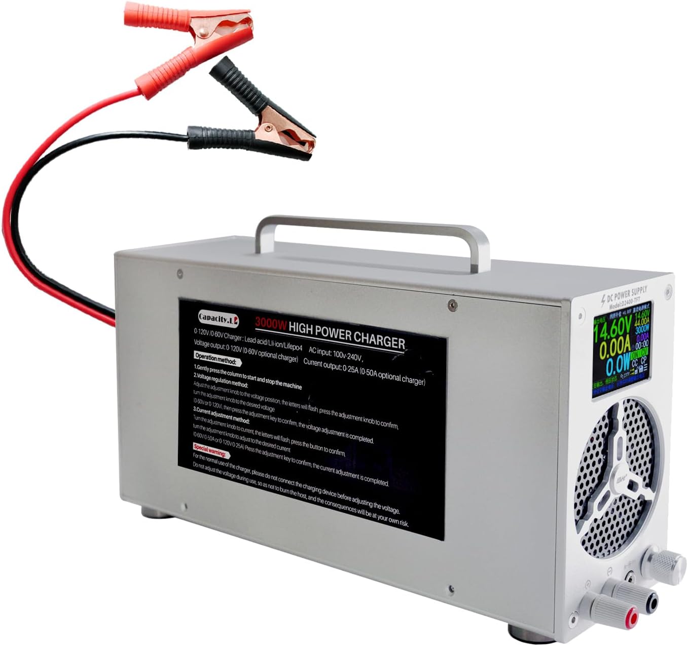 High Power Battery Charger, 0-120V Upgraded Design LifePO4 Battery Charger, One Click Control Adjustable Current/Voltage for LiFePO4 Lithium Iron Rechargeable Battery((0-25A)