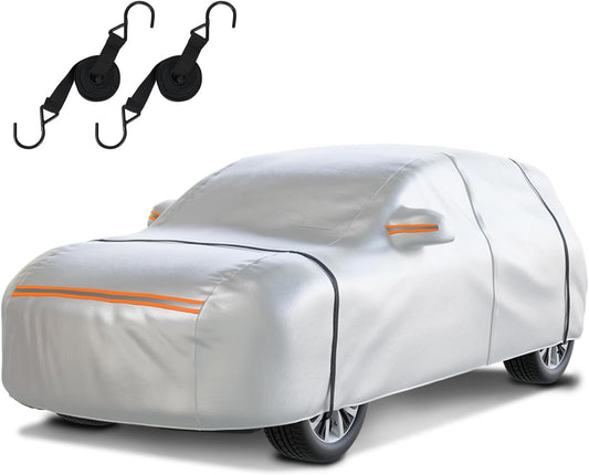 Waterproof SUV Car Cover: 6-Layer Protection from Rain, Snow, UV & Dust - Universal Fit up to 201 inches with Zipper Door & Windproof Straps for Outdoor, Garage, Travel Use, Silver