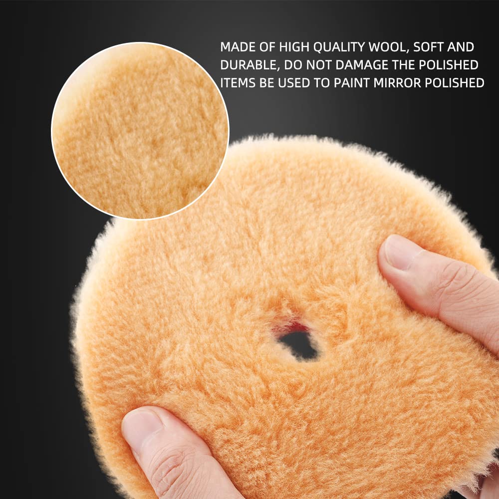 SPTA Wool Polishing Pads, 2Pcs 3 Inch (76mm) Wool Cutting Pad, Yellow Wool Buffing and Polishing Pad Set, Wool Buffing Wheel for Medium Cut for 3 Inch Car Polisher Polishing, Buffing and Cutting