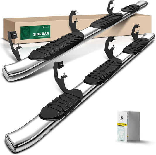 YHTAUTO 5 Inch Running Boards Side Steps Fit 2019-2024 Chevy Silverado & GMC Sierra 1500/2500 HD/3500 HD, Extended/Double Cab, 6.5' Standard Bed, Oval Bent Ends Stainless Steel Polished Chrome