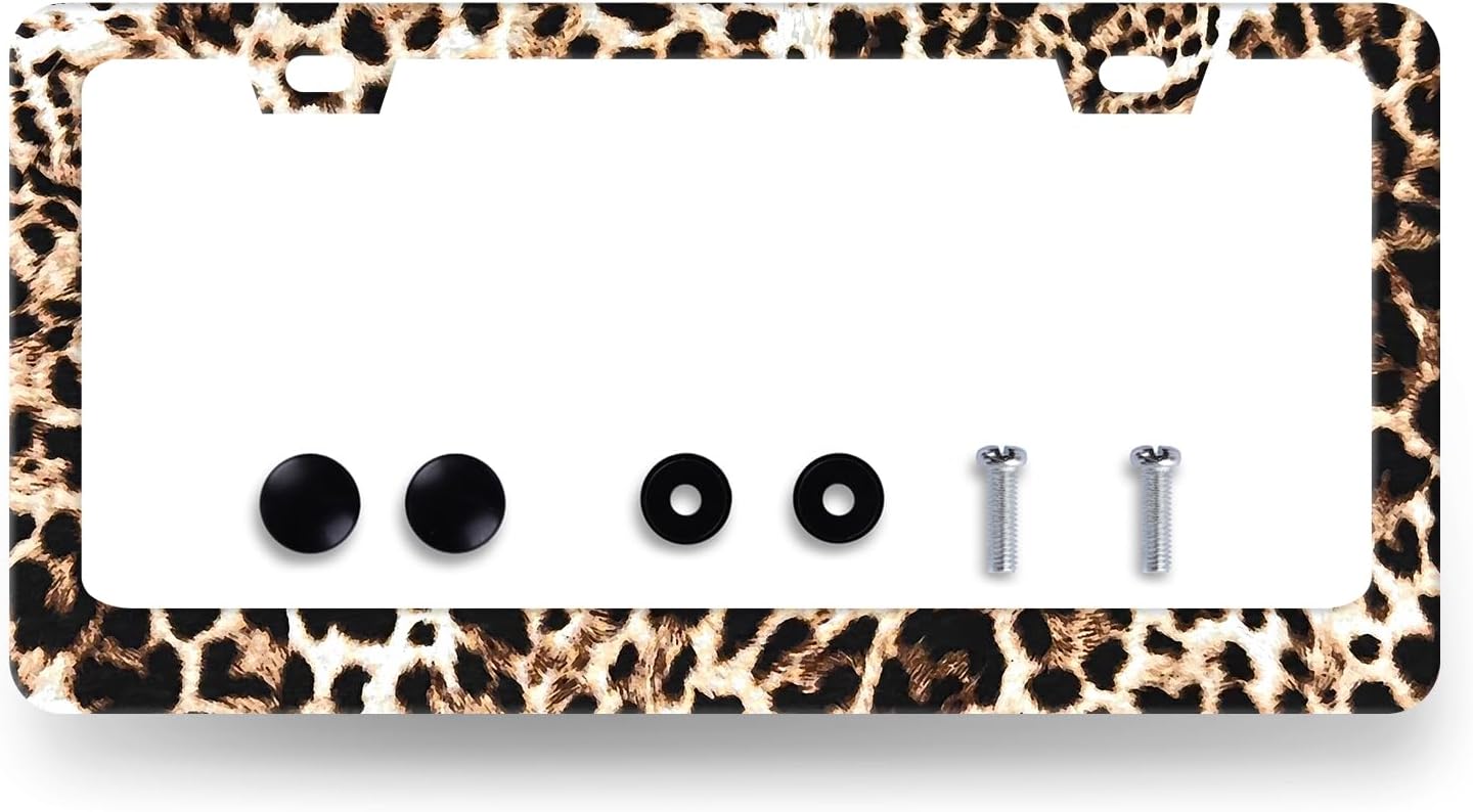 Brown Leopard License Plate Frame Animals License Plate Holder Stainless Steel Colorful Car Accessories Decoration 6.3"X12.3" with 2 Holes Screws