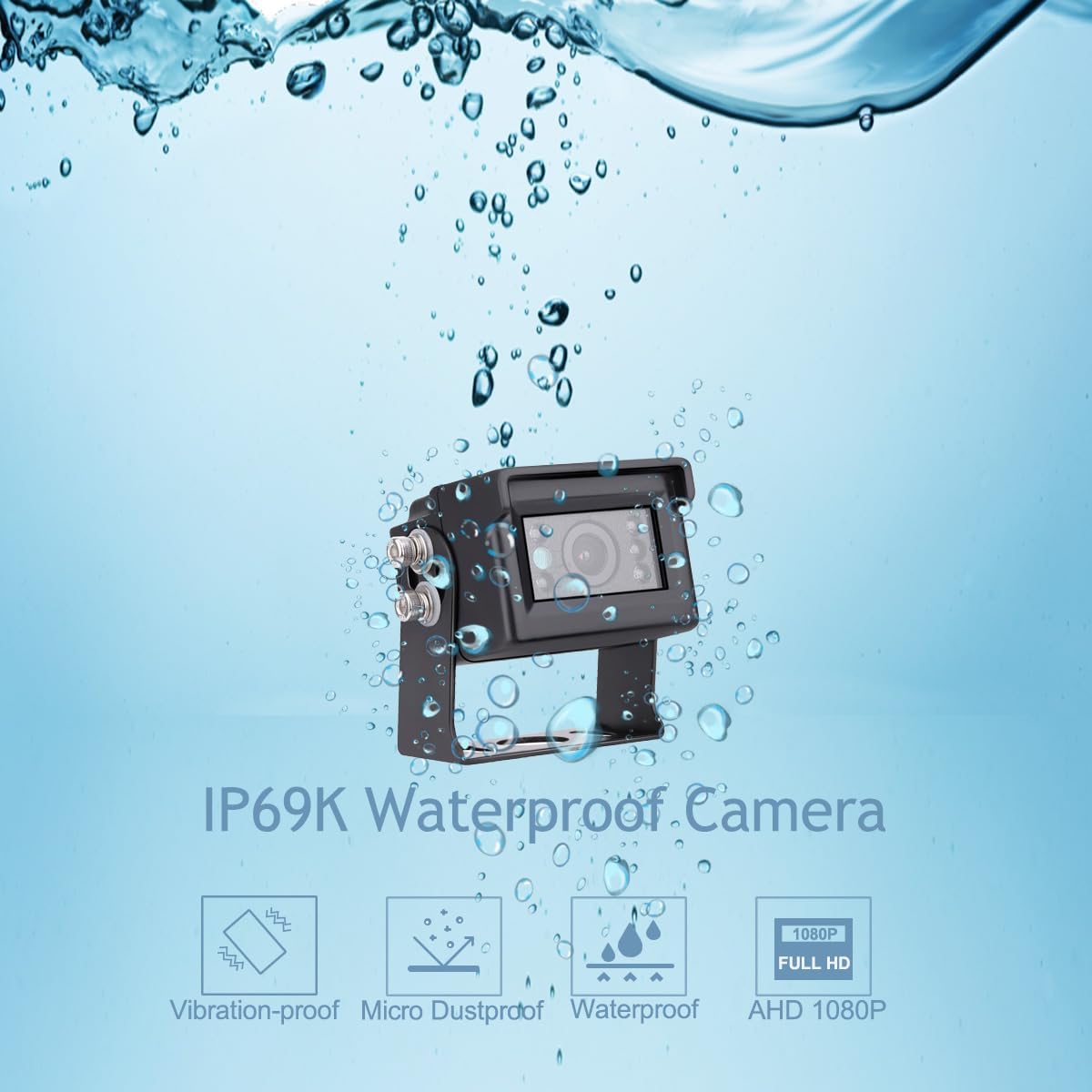 7" 1080P AHD Wired Reverse Rear View Backup Two-Camera System,Guide line, IP69K Waterproof Monitor& Camera, Night Vision, Vibration-proof 10G for Tractor/Truck/Excavator/Van/Skid Steer/Heavy Equipment