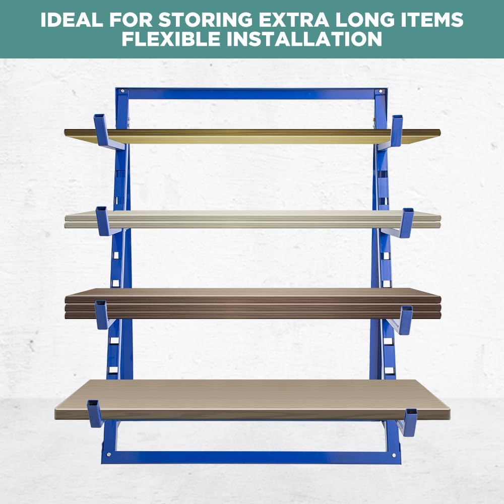 Yeeoy 4 Tier Steel Horizontal Lumber Storage Rack, Heavy Duty Pipe Organizer Shelf, Adjustable Bar Storage Cantilever Rack for Garage Workshop Shed Basement, 2000lbs Load Capacity, Blue