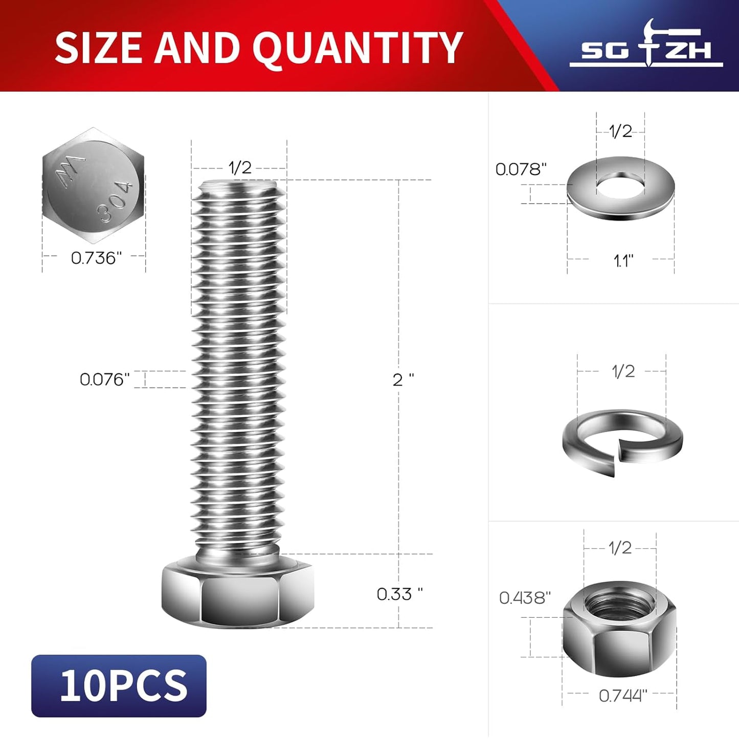 1/2-13 x 2" Hex Head Screw Bolt, Nuts, Flat & Lock Washers, 10Pcs 18-8 (304) Stainless Steel, Fully Threaded, by SG TZH