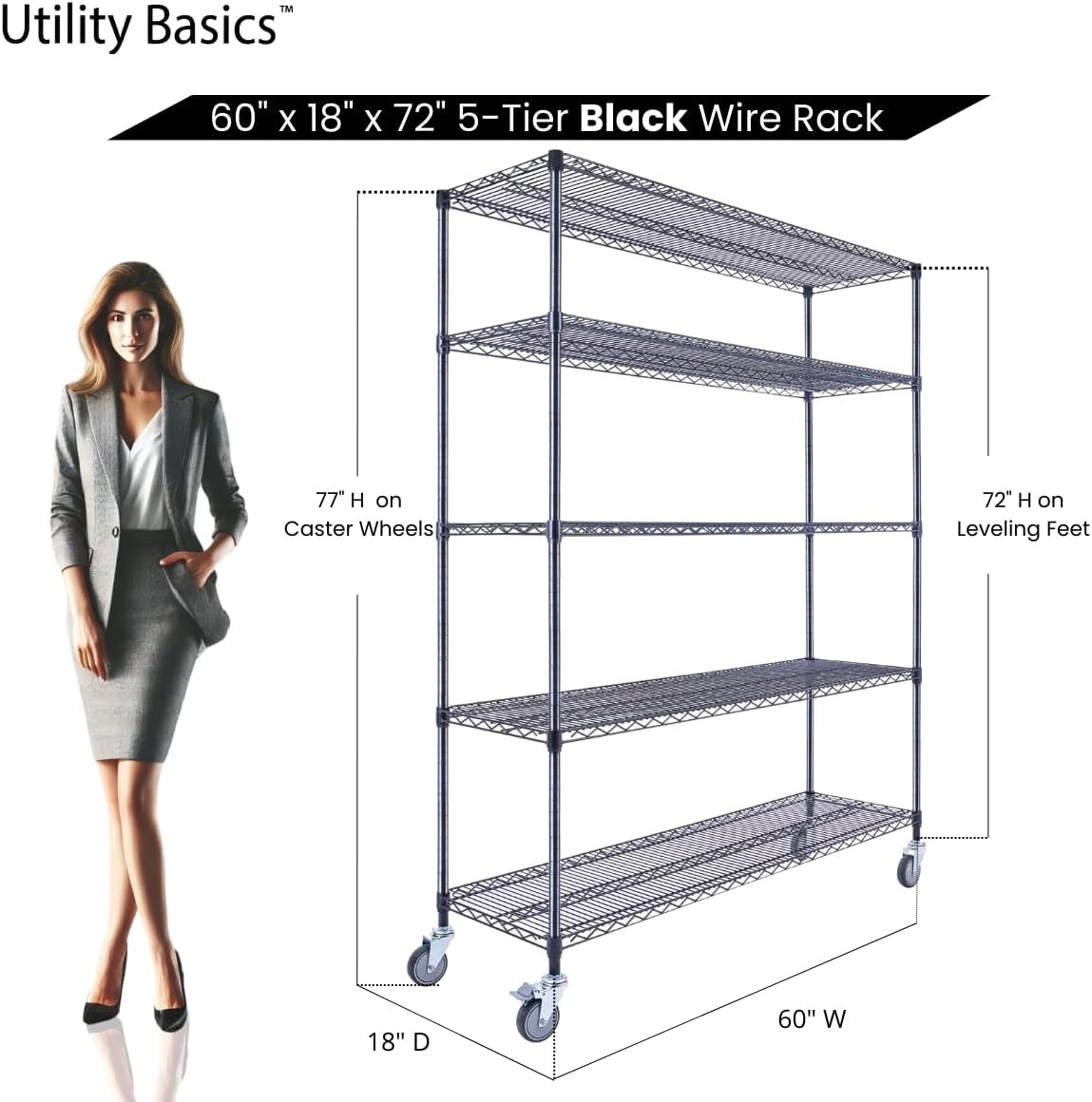 60"x18"x72" Black 5-Tier Premium Wire Shelving NSF 4000 LBS MAX Capacity Heavy Duty Steel Storage Rack for Warehouses, Garages, Hospitals, Commercial Spaces, & Schools w/Premium Wheels