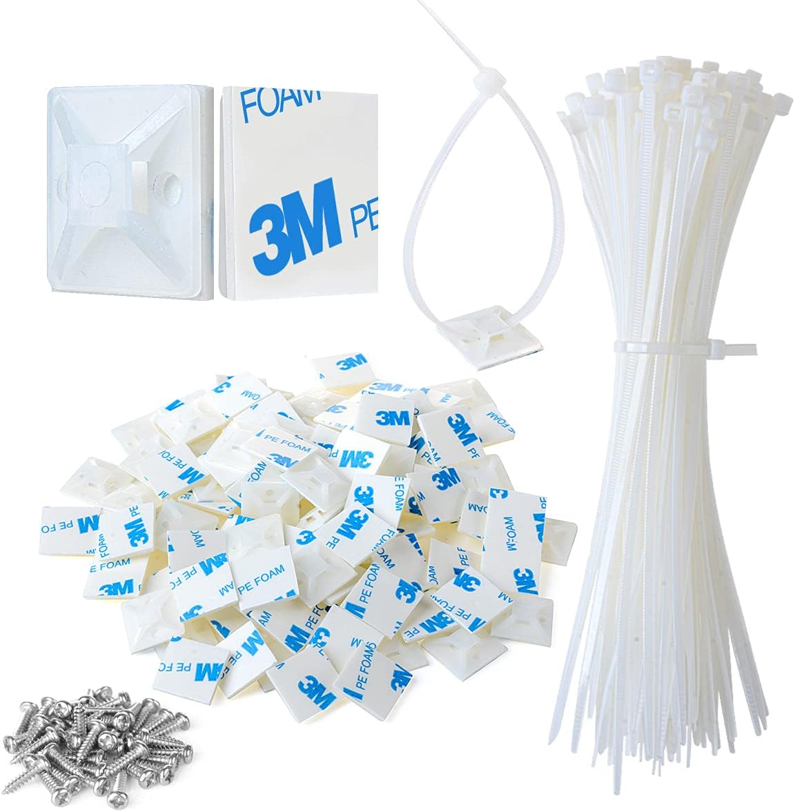 200pcs 3/4" 3M Back-Glue Self Adhesive White Strong Cable Zip Tie Mounts with 8" Ties, Screws, Outdoor Sticky Wire Fasteners Cable Clips Management Anchors Organizer Holders Squares