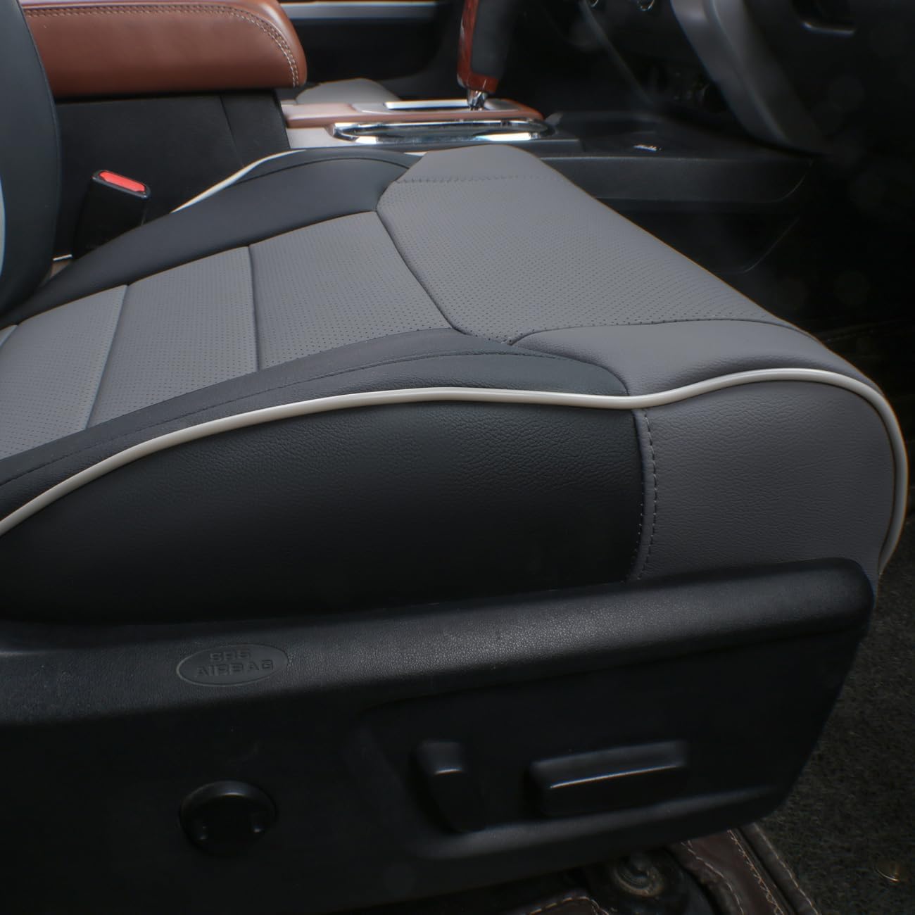 EKR Custom Fit Tacoma Leather Car Seat Covers for Select Toyota Tacoma 2012 2013 2014 2015 (TRD Sport Seats)- Full Set, Leathere (Black/Gray)