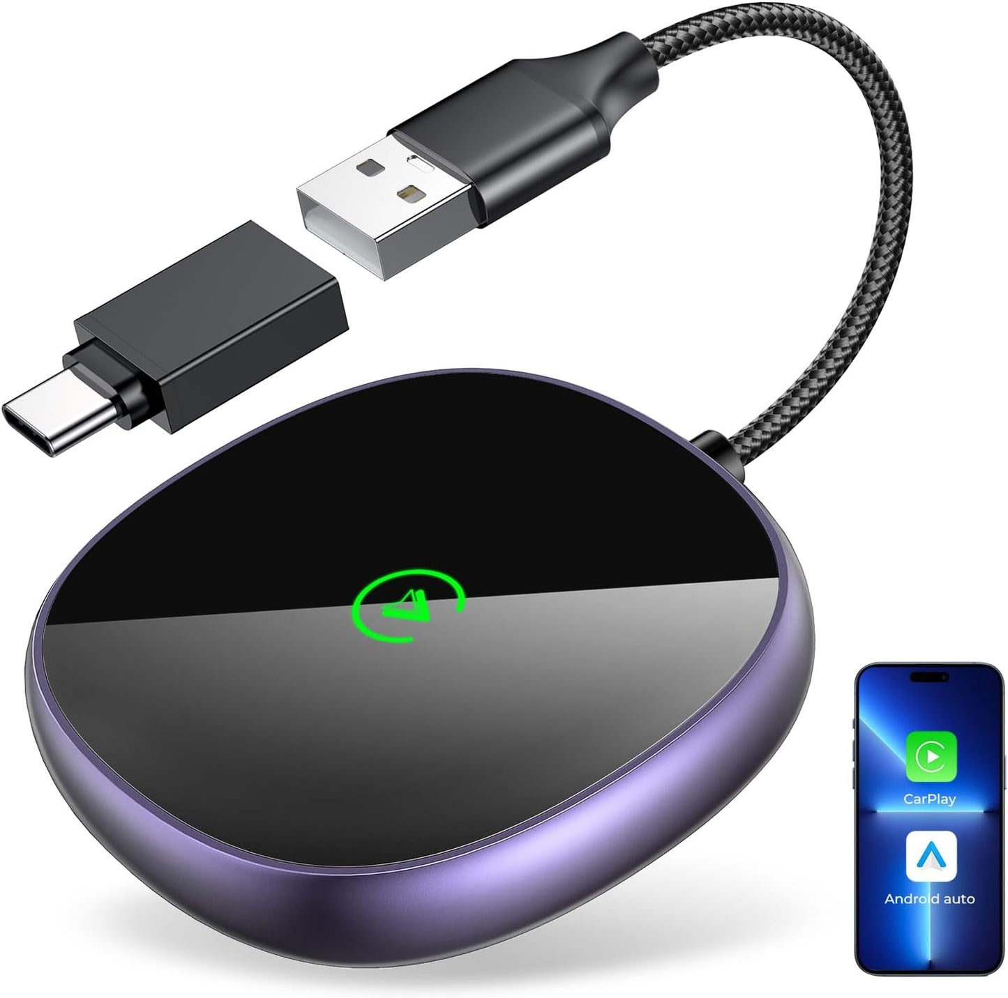 Wireless Carplay Adapter for iPhone & Android Auto 2-in-1, Stable, Plug & Play Low Delay Carplay Wireless Adapter Convert Wired to Wireless Apple Car Play Dongle for iOS 10+/Android 11+ (Purple)