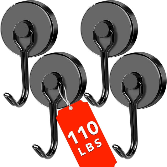 DIYMAG Black Magnetic Hooks,110LBS Strong Magnetics Heavy Duty, Magnet Hook with Metal Hanger for Hanging Refrigerator Home Kitchen Office, 4Pack