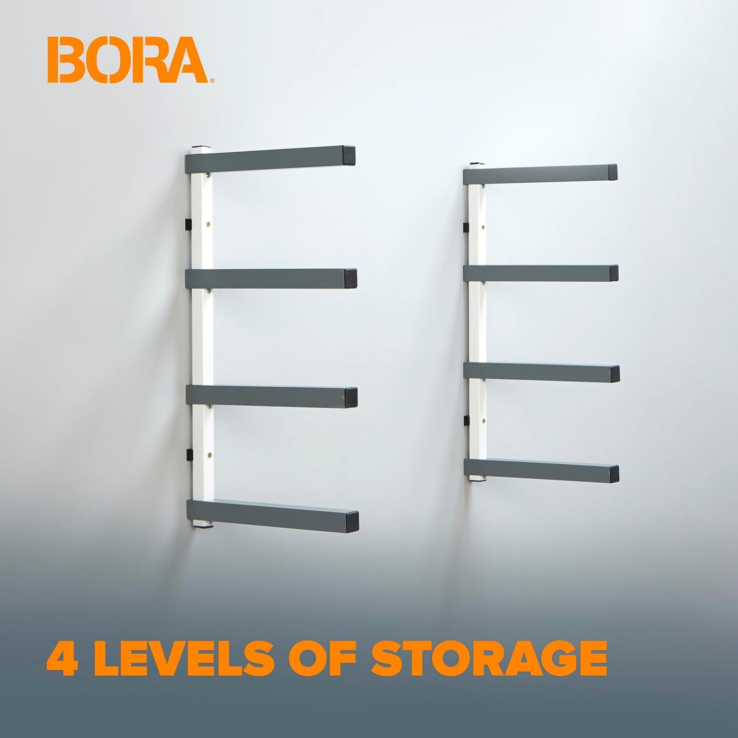 Bora 4-Level Lumber Storage Rack Wood and Garage Organization Space Saving Metal Shelf for Pipes, Boards, Plywood, and Building Materials - PBR-0420 White Gray