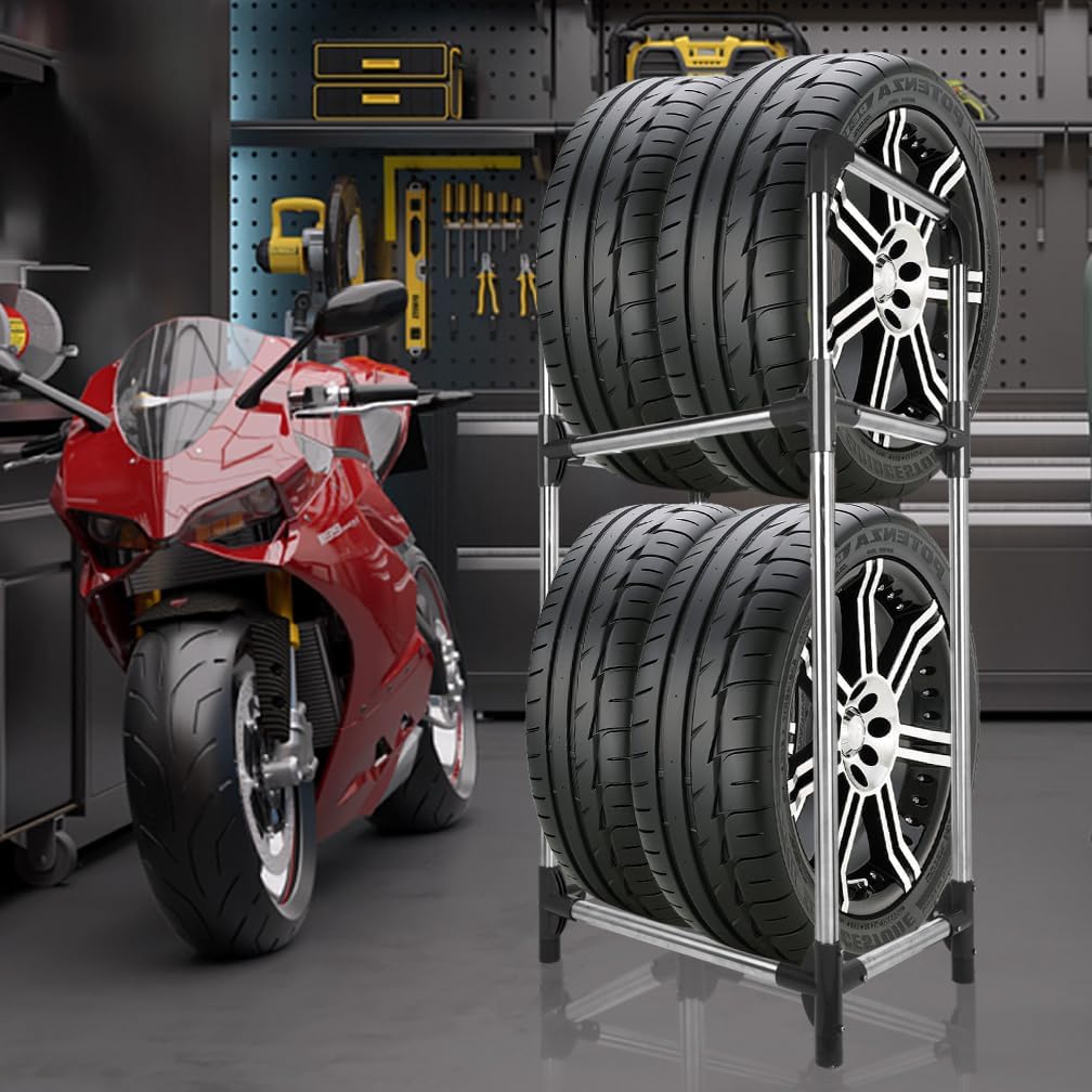 Hershii Tire Storage Rack Standing Garage Storage Shelf Organizer for Indoor Outdoor Use - Black + Silver, 22.51'' X 14.16'' X 45.11''