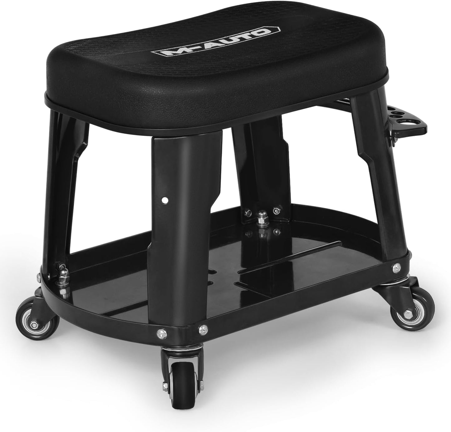 M-AUTO Heavy Duty Garage Rolling Work Seat 300LBS Capacity Mechanics Stool with Wheels, Rolling Work Seat with Equipment Tray and Tool Rack, Rectangle Seat Mechanic Roll Chair, Black