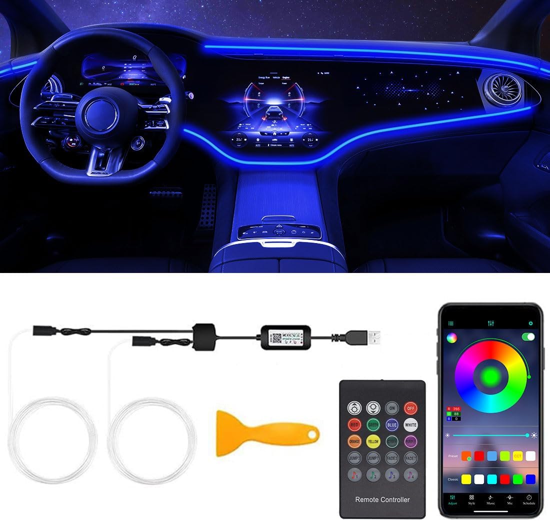 Interior Car LED Strip Lights with Wireless APP & Remote Control, RGB 2 in 1 Car Ambient Lighting Kit with 158 Inches Fiber Optic, Inside Neon Dash Strip with Music Mode