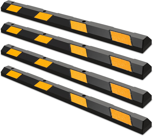 Rubber Parking Curb Garage Floor Stopper, 72" Heavy Duty Parking Lot Stopper with Yellow Reflective Stripes, Guide Wheel Stopper for Car, Truck, RV, Trailer, Driveway (4 Pack)