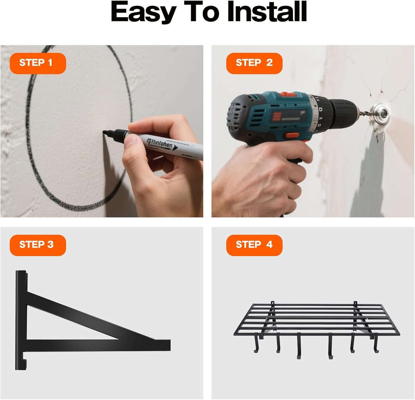 Garage Wall Shelving, 2X4ft Garage Storage Rack,Heavy Duty Wall Mounted Storage Shelf With 12 pc Hooks-Each Loads 260lbs Metal Wall Shelf,Black,2Pack