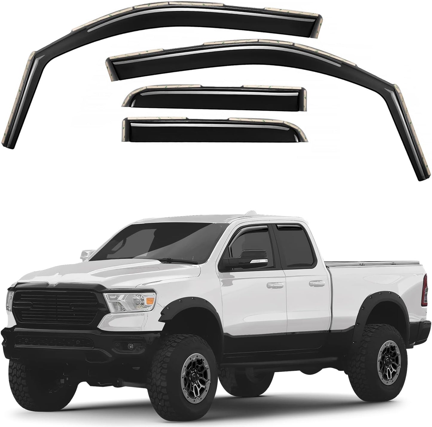 GrandWheel Co Smoke Tinted in-Channel Side Window Vent Visor Deflectors Rain Guards Compatible with Dodge Ram 1500 2019-2025 Quad Cab - 4pcs. GW0949