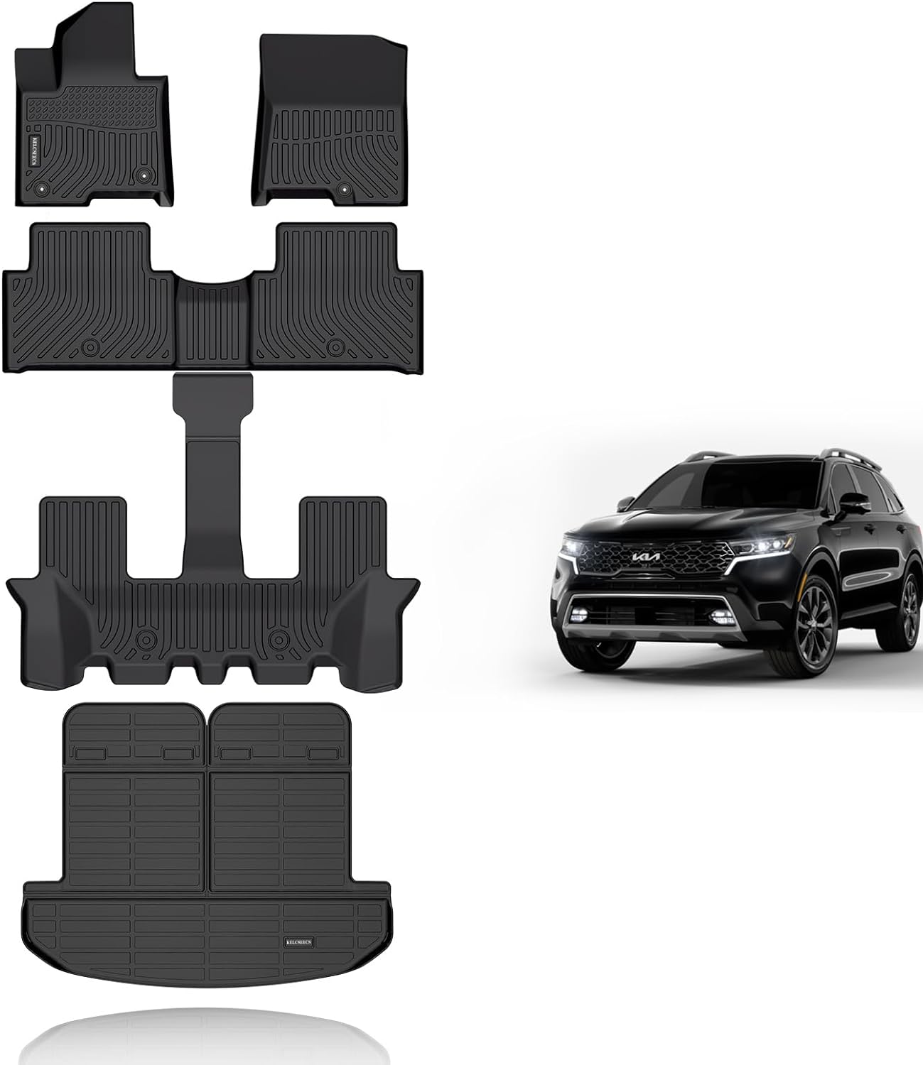 KELCSEECS Floor Mats & Cargo Liner with Backrest Mat(Best Put The Third Row Down) for 2021 2022 2023 2024 2025 Kia Sorento Hybrid/2022-2025 Kia Sorento Plug-in Hybrid All Weather Car Mats Trunk Mat