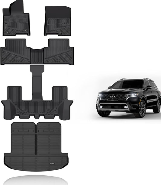KELCSEECS Floor Mats & Cargo Liner with Backrest Mat(Best Put The Third Row Down) for 2021 2022 2023 2024 2025 Kia Sorento Hybrid/2022-2025 Kia Sorento Plug-in Hybrid All Weather Car Mats Trunk Mat