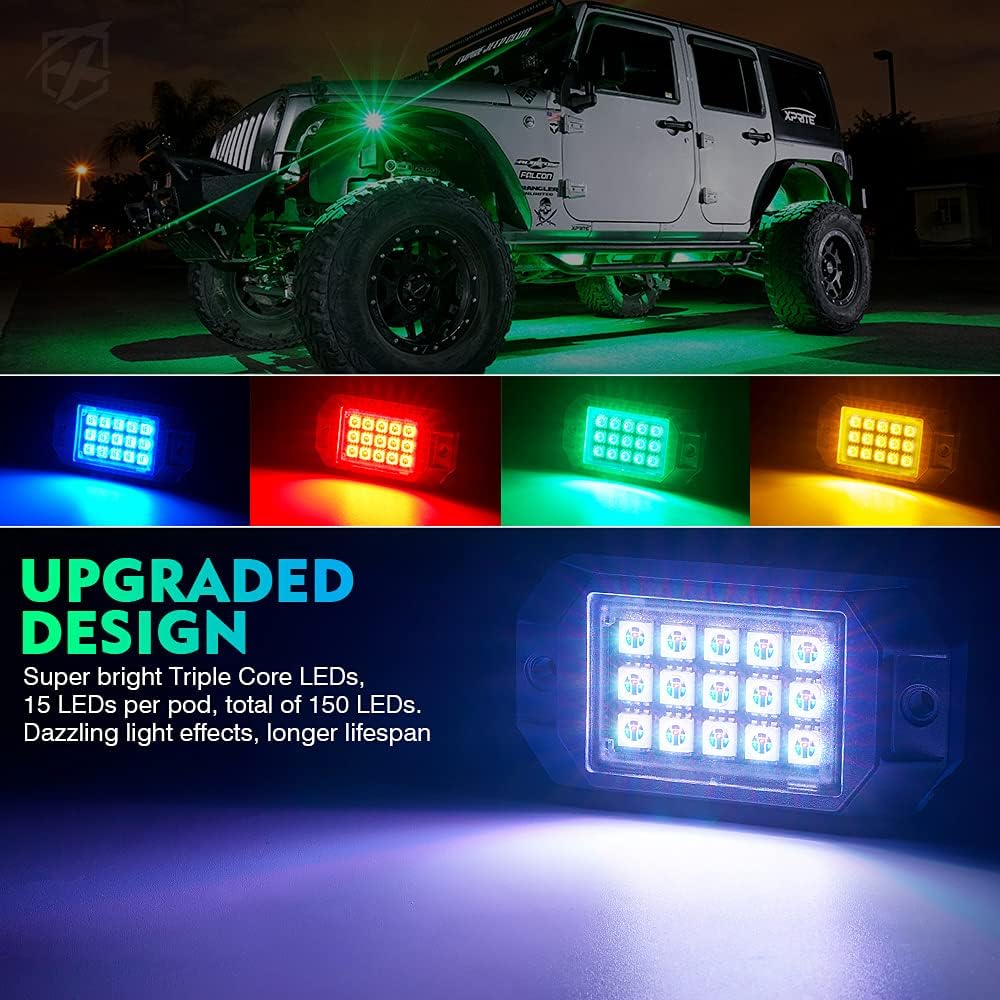 Xprite Bluetooth RGB LED Rock Lights Kit, Multicolor Neon Accent Music Flashing Lighting Underglow Kits with RF Controller for Off-Road, Trucks, Cars, UTV, ATV, SUV, RZR, Motorcycles, Boats - 10 PCS