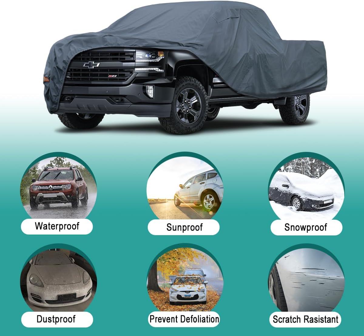 16 Layers Truck Cover Waterproof All Weater - See Vehicle Size Chart - Heavy Duty Outdoor Truck Pickup Cover for RAM 1500 2500 3500, Toyota Tundra, Nissan Titan. Length up to 242 inch.