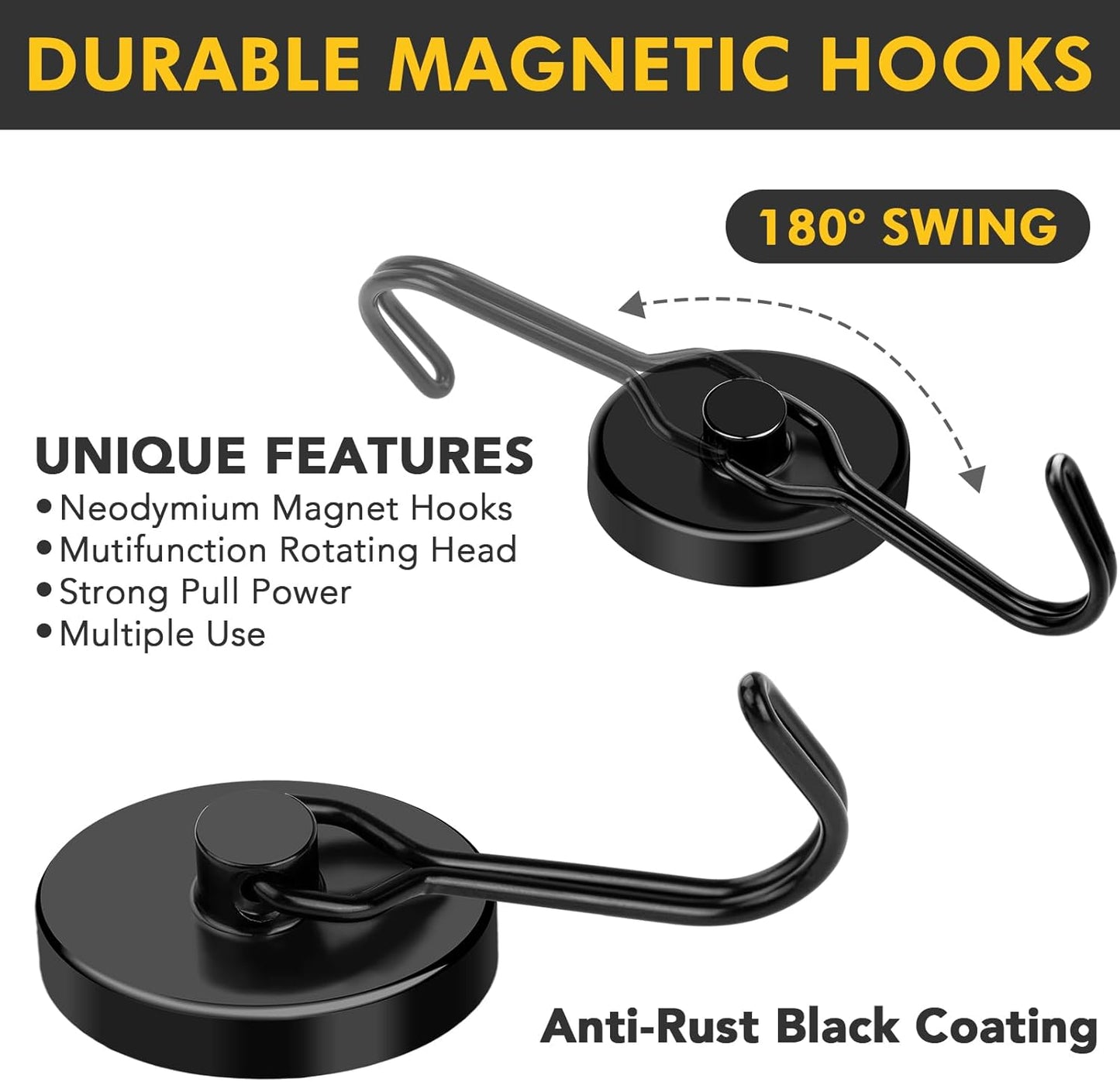 MIKEDE Black Magnetic Hooks Heavy Duty, 110LB Swivel Swing Strong Magnetic Hooks Cruise,Neodymium Hook Magnets for Hanging, Home, Workplace, Metal Door, Office and Garage - Pack of 4