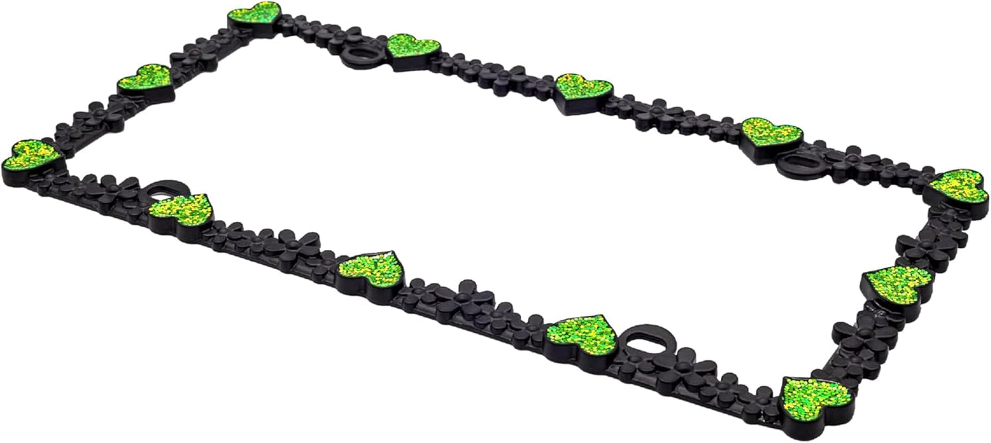 Creathome 3D Shining Daisy Heart License Plate Frame from Pure Zinc Alloy Metal Perfect Plate Holder, Matt Black with Green Glitter, Luminously Heart