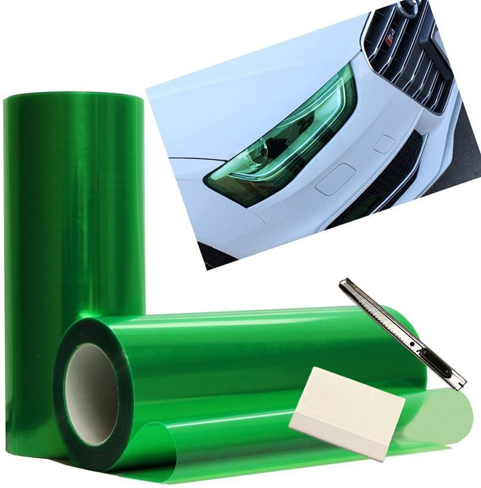 12 by 48 Inches Self Adhesive Headlight, Tail Lights, Fog Lights Tint Vinyl Film with Knife and Hand Tool (Green)