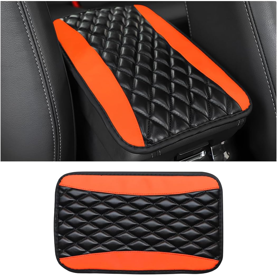 Car Center Console Cushion Pad, Universal Leather Waterproof Armrest Seat Box Cover Protector,Comfortable Car Decor Accessories Fit for Most Cars, Vehicles, SUVs (Orange)