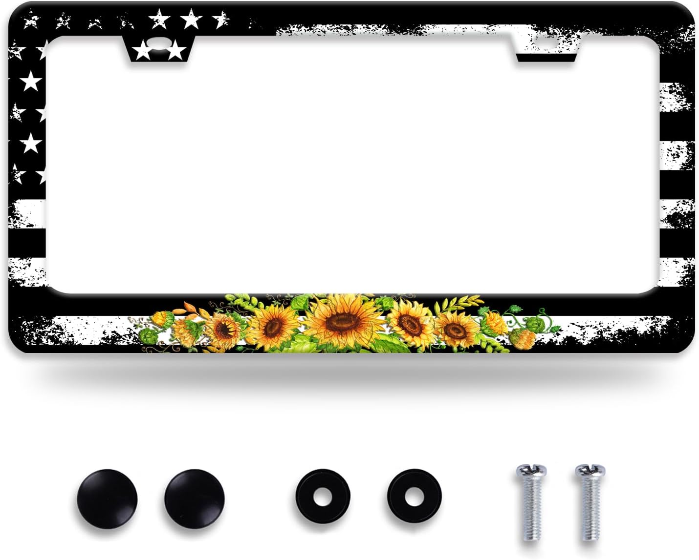 American Flag Sunflower License Plate Frame Patriotic Floral License Plate Frames for Car Decorative Parts Stainless Stee License Plate for Standard Us Canada Funny License Plate Holder 12x6 Inch