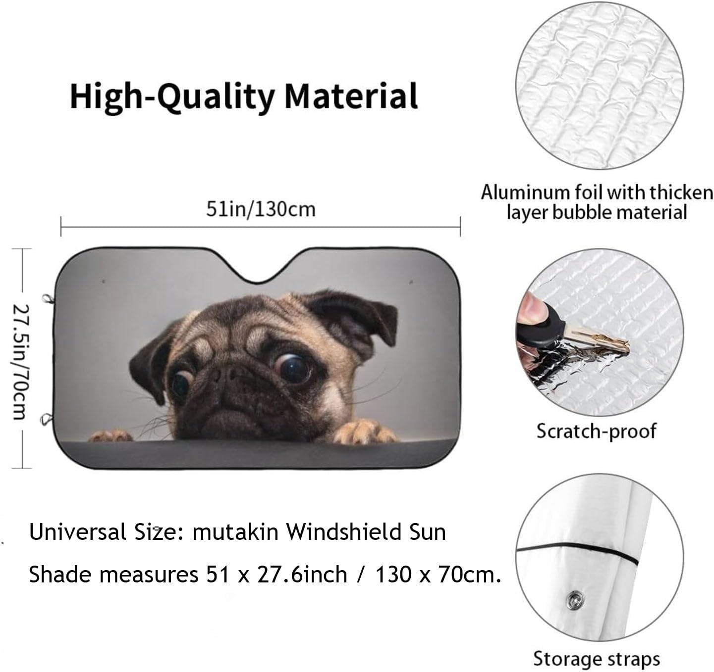 Pug Dog Car Windshield Sunshade Front Window Sun Visor Protector Foldable Shield Cover for Truck SUV
