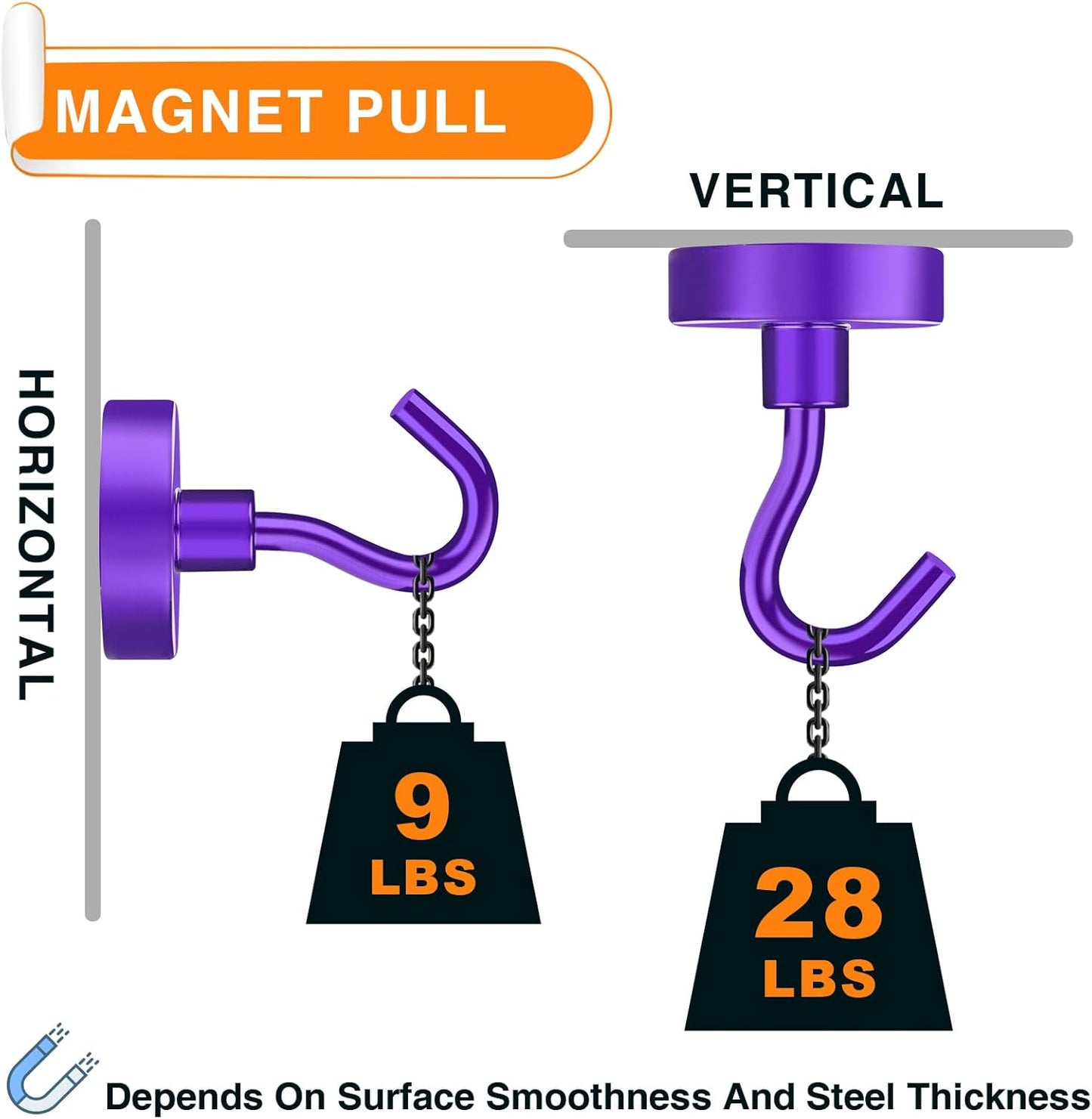 MIKEDE Magnetic Hooks Heavy Duty, 28LB+ Strong Magnets with Hook for Fridge, Neodymium Extra Strength Industrial Hooks for Hanging, Magnetic Hanger for Toolbox, Cruise, Grill (Purple, 4 Pack)