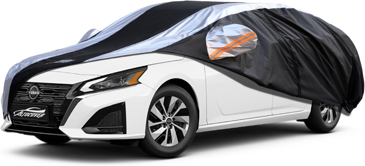 Altima Car Cover Waterproof All Weather with Silver Strip Design, Custom Fit for Altima 2005–2025, Altima Accessory with Door Zipper & Windproof Straps