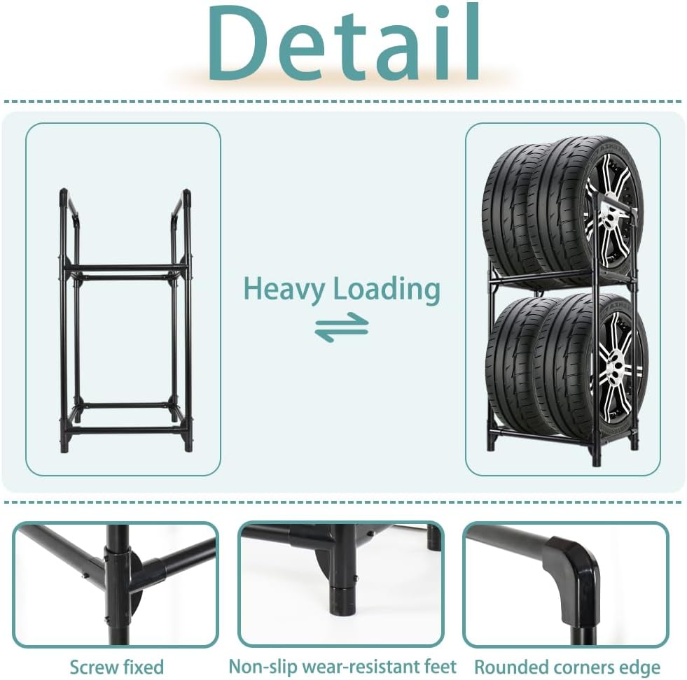 Hershii Tire Storage Rack Standing Garage Storage Shelf Organizer for Indoor Outdoor Use - Black, 22.51'' X 14.16'' X 45.11''