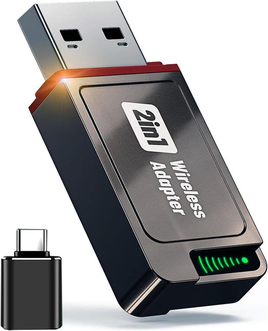 2-in-1 Wireless CarPlay Adapter for iPhone& Android, Convert Wired to Wireless Apple CarPlay Adapter, Mini Size with Extension Cable USB & USB-A/Type-C, Stable Control & No Delay