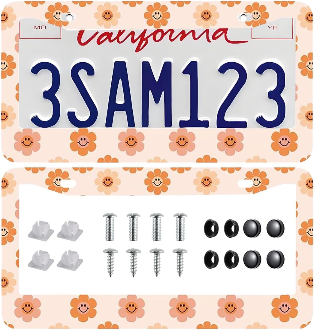 2 Pack Universal Smiley Face Flower License Plate Frame-Rustproof Aluminum Floral License Plate Frames for Women Men Fits All Vehicles, with Anti-Theft Screw Caps Included