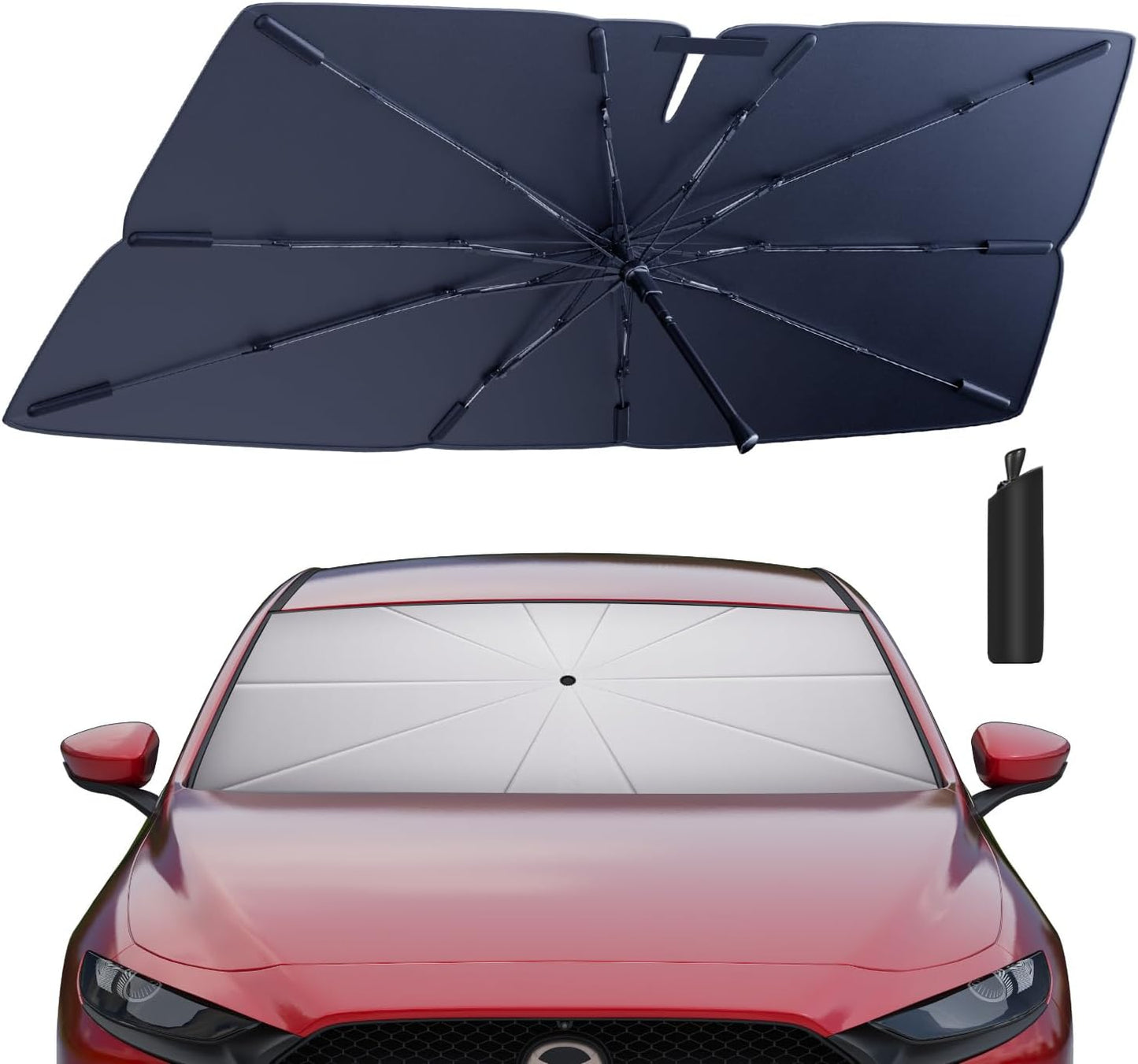 Windshield Sun Shade Umbrella for 2019-2025 Mazda 3 Accessories: Custom Fit 210T Silver, Foldable Sunshade Front Window Sun Visor, Blocks UV Rays, Keeps Car Cool for Sedan, Hatchback, Turbo, Premium