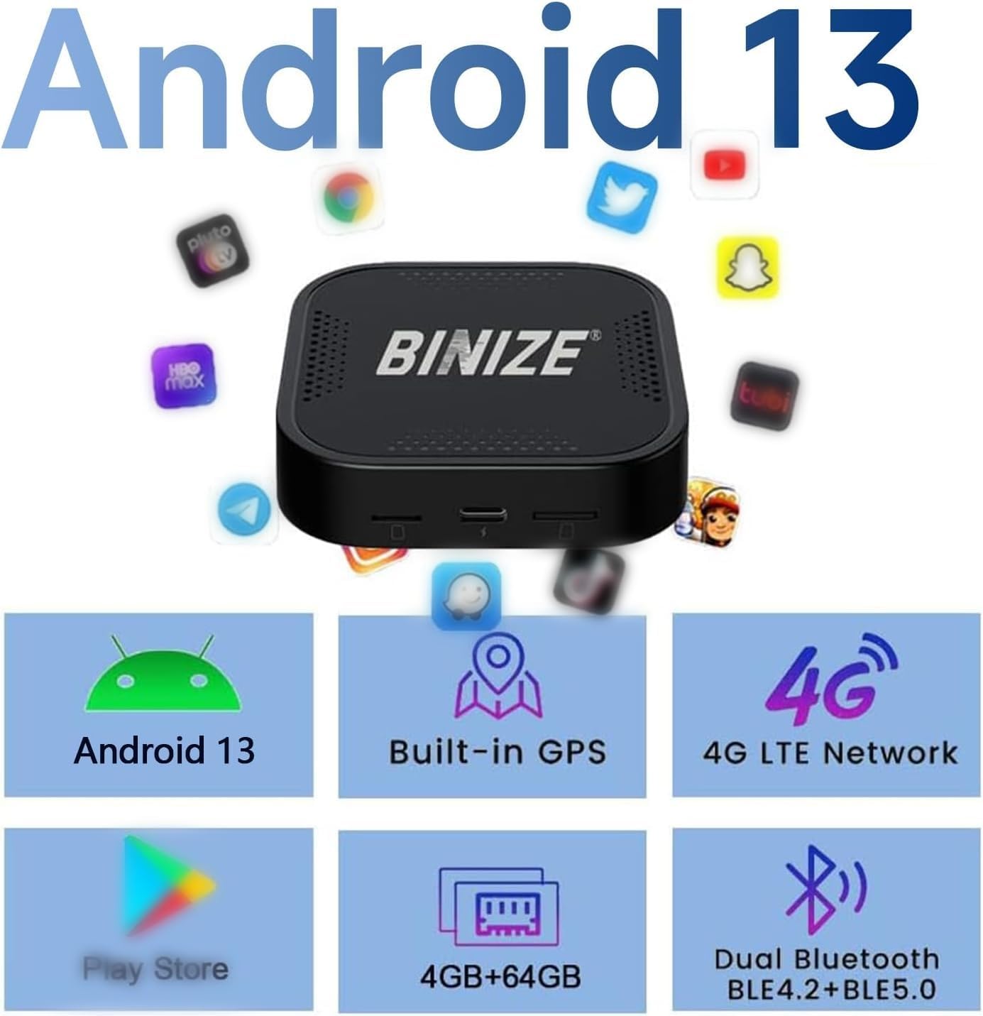 Binize Wireless CarPlay Android AUTO Multimedia Video Box 4G Cellular,4GB+64GB,8Core,Android 13 Built-in Navigation Support SIM&TF Card Bluetooth Support Car with OEM Wired CarPlay/Android Auto