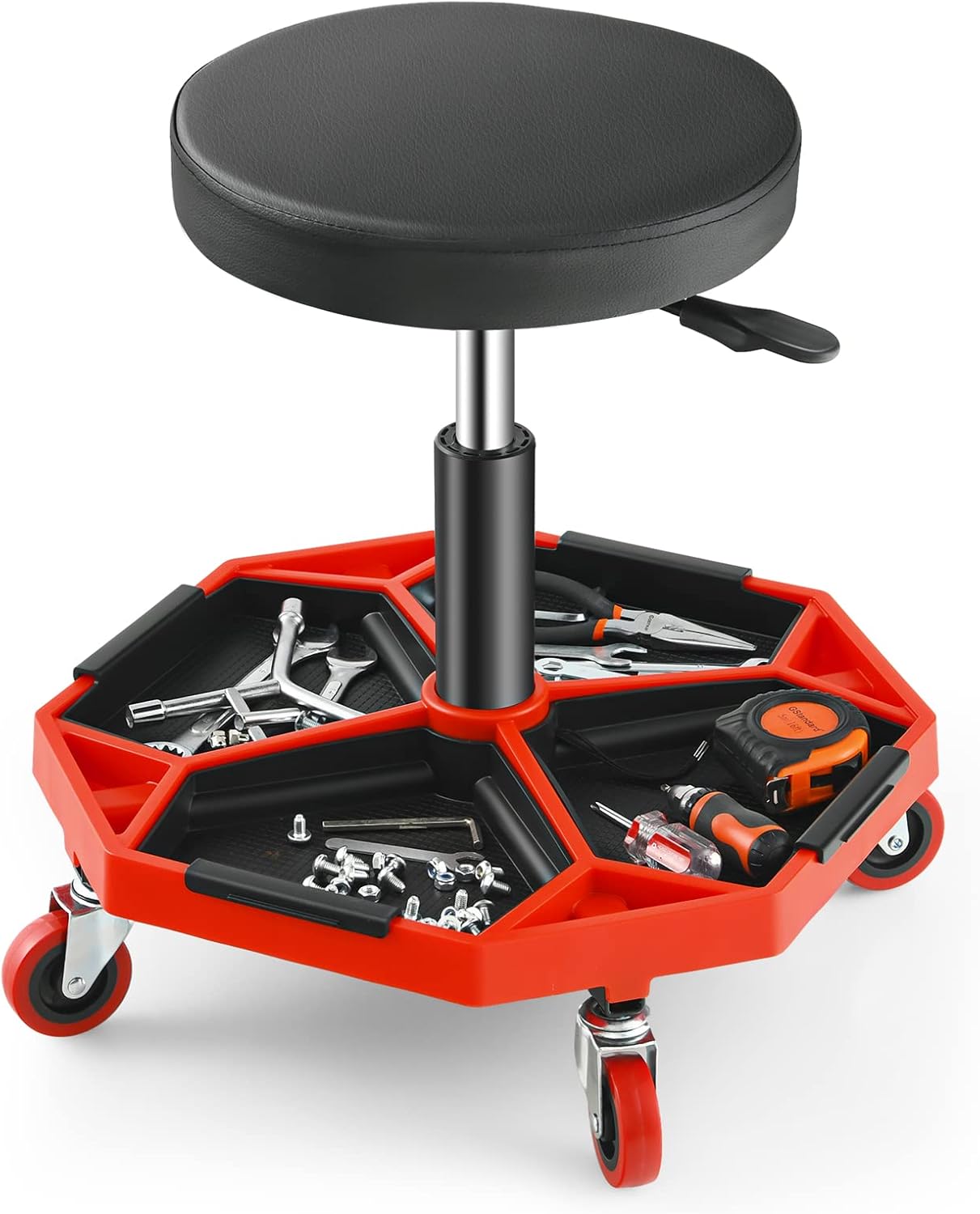 Adjustable Mechanic Rolling Stool, Pneumatic Rolling Stool with Wheels, Tool Storage Tray & Padded Seat Cushion, Garage Stool Chairs Creeper Seat (Red)