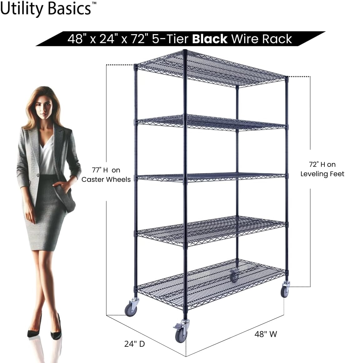 48"x24"x72" Black 5-Tier Premium Wire Shelving NSF 4000 LBS MAX Capacity Heavy Duty Steel Storage Rack for Warehouses, Garages, Hospitals, Commercial Spaces, & Schools w/Premium Wheels