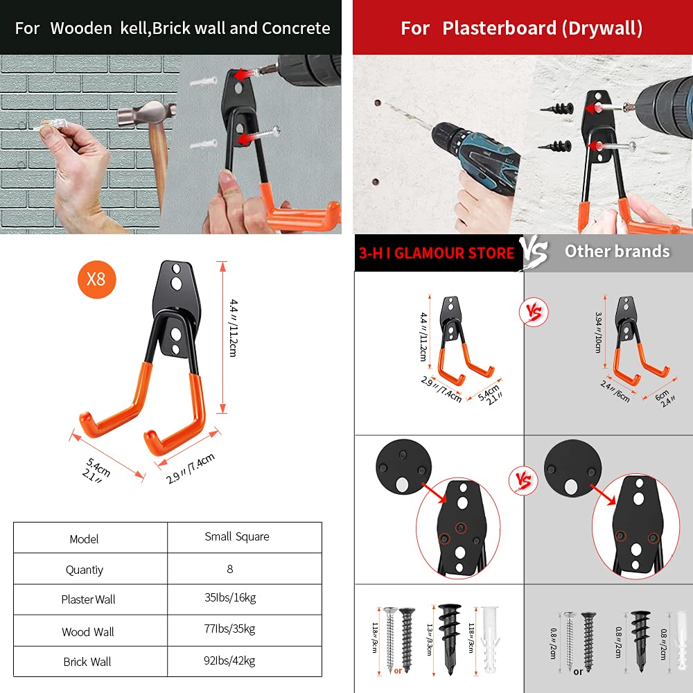 3-H Heavy Duty Garage Hooks [8 Pack] - 3-Round Welding Tech Holds 22lbs More - Thickened Steel Wall Mount for Ladders, Tools & Storage - Rustproof Utility Hardware